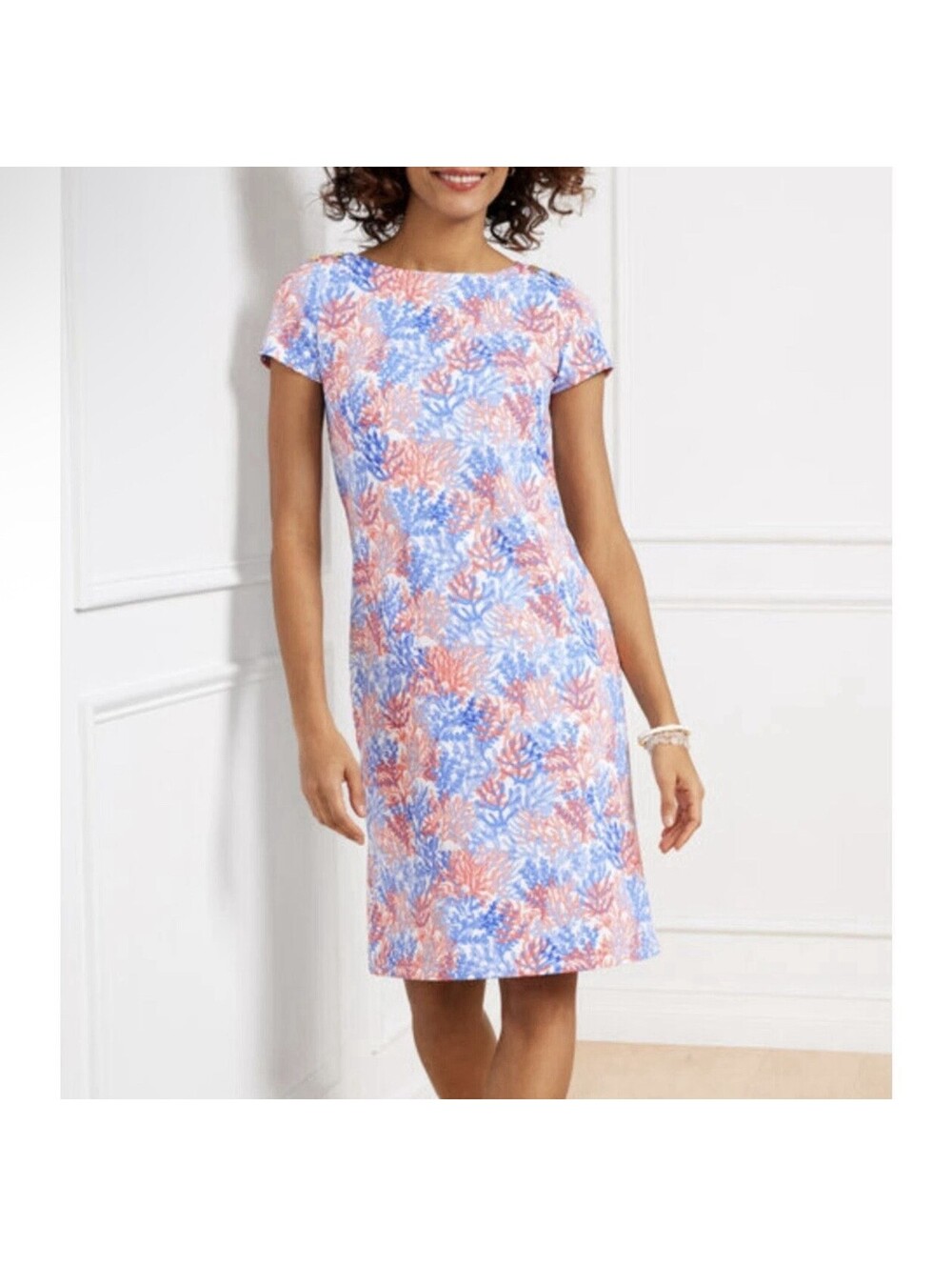 Talbots Effortless Jersey Shift Dress Dynamic Coral Coastal Nautical Medium M